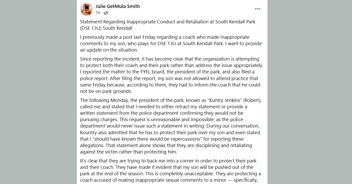 South Kendall Park Under Scrutiny Amid Coach Sexual Harassment Allegations