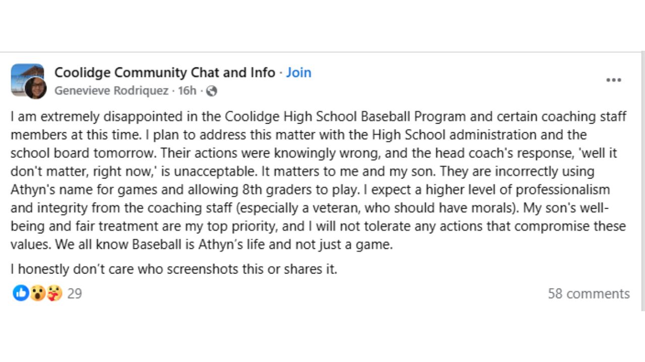 Coolidge Parent Confronts High School Baseball Coaches Over Unauthorized Use of Son's Identity