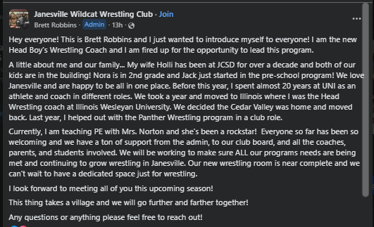 Brett Robbins: New Head Boys Wrestling Coach Ignites Janesville Wildcats with Passion and Expertise